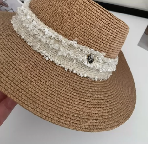 卡其色夏天复古草帽子女 日系M标英伦沙滩出...