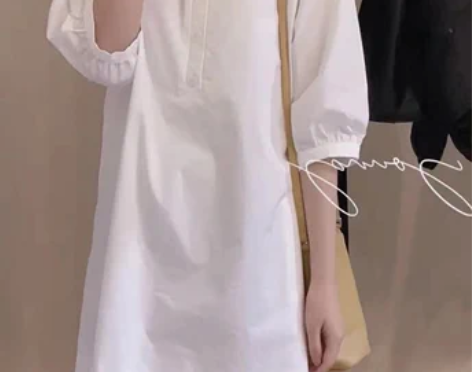 欧货简约白色衬衫连衣裙女夏设计感小众小个子...