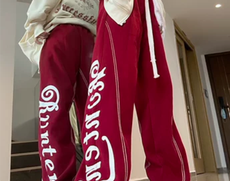 设计感美式复古红色加绒卫裤女纯棉冬季加厚高...