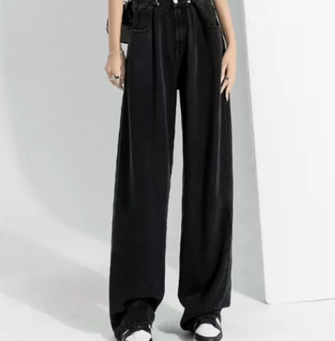 黑色牛仔裤女夏天薄款胖妹妹大码高腰垂感阔腿...