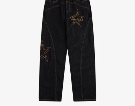 国潮原创设计星星刺绣水洗做旧黑色牛仔裤男女...