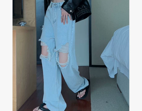 破洞牛仔裤女夏季高腰显瘦宽松百搭网红减龄设...