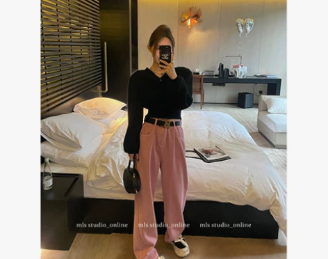 MLS 加绒阔腿牛仔裤女秋冬2022新款高...