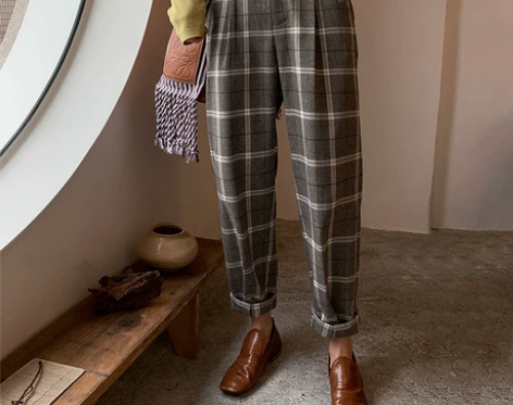 FFAN泛泛 格纹休闲裤子女高腰直筒阔腿裤...