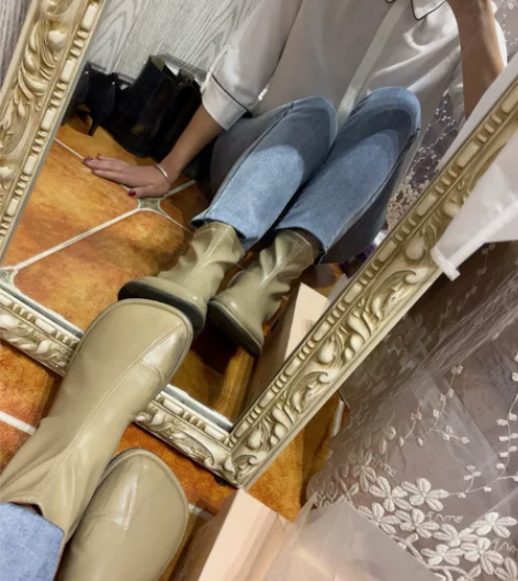 【方头娃娃鞋】38码卡其色异形头短靴拉链款...