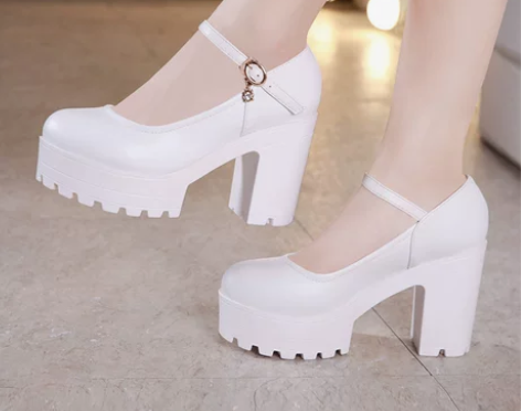 白色旗袍走秀模特圆头高跟婚纱鞋单鞋真皮防水...