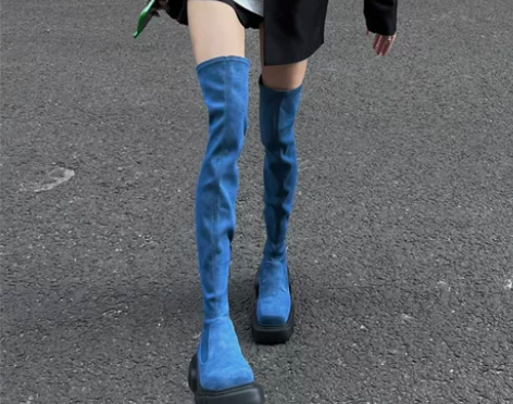 牛仔蓝过膝长靴女2022秋冬新款方头厚底i...