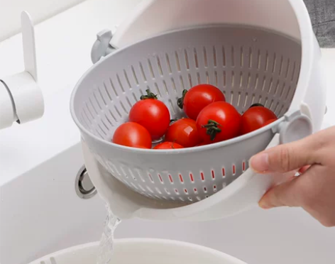 日本进口家用厨房可旋转双层洗菜篮塑料洗水果...