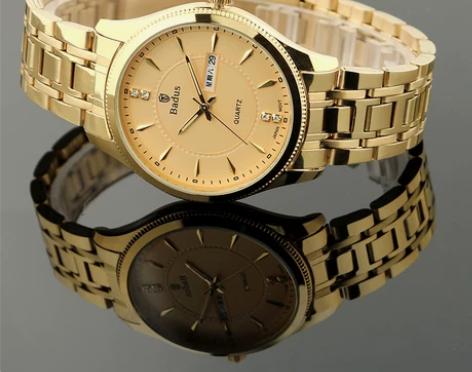佰镀时金色手表 双日历钢带男表