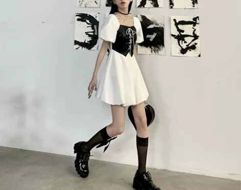 丧丧松本假两件女花苞裙收腰显瘦2021夏季...