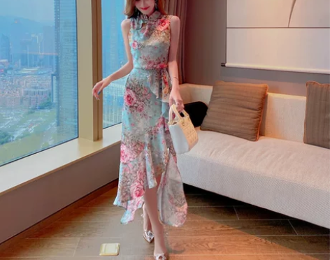 印花无袖性感鱼尾套装裙子轻熟风女2022年...