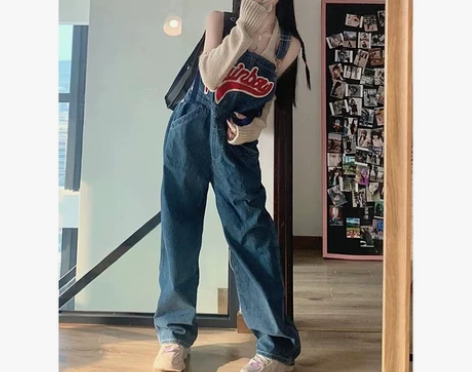 背带牛仔裤子ins高街潮薄款夏季女显瘦宽松...