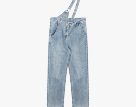 黑色草莓 不规则单肩背带牛仔裤女装高腰宽松...