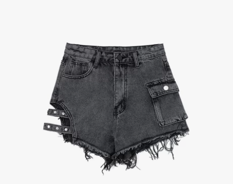 不规则侧边缕空毛边牛仔短裤 浅灰色的，很短...