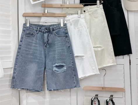 韩版高腰宽松破洞五分牛仔短裤女夏白色显瘦休...