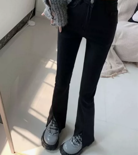 修身微喇叭开叉牛仔裤女2023年春秋高腰宽...