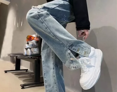 字母刺绣牛仔裤男春季美式嘻哈hiphop宽...