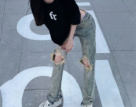 破洞牛仔裤女夏季薄款 直筒显瘦欧美复古高街...