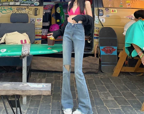 ZNZW破洞喇叭裤女高腰显瘦牛仔裤2022...