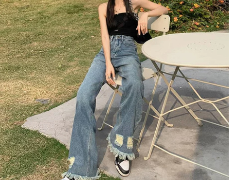 【38活动价】ZNZW破洞高腰直筒牛仔裤女...