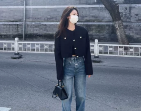 2022春季新款高腰显瘦百搭蓝色阔腿牛仔裤...