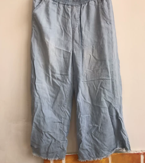 夏天凉爽阔腿裤 天丝牛仔裤 水洗浅蓝色磨白...