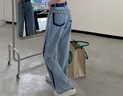 蓝色直筒牛仔裤女装秋季薄款宽松高腰显瘦设计...