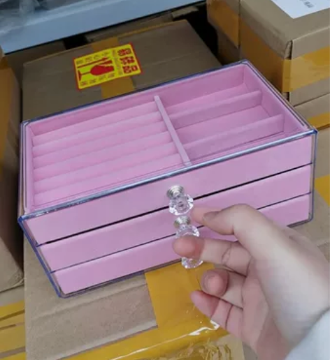 三抽粉色首饰收纳盒高档精致透明亚克力绒布戒...