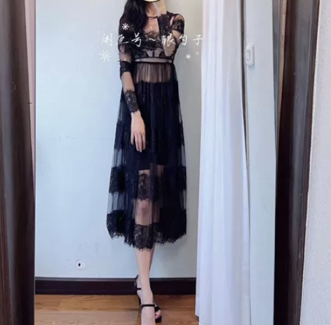 【清衣柜】睫毛蕾丝网纱罩裙网纱连衣裙 小码...