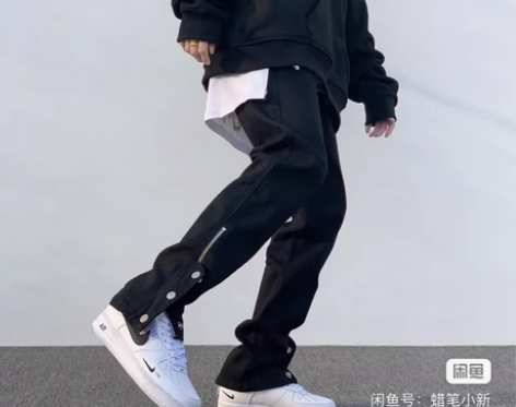 高街黑色排扣牛仔裤潮牌工装机能设计感hip...