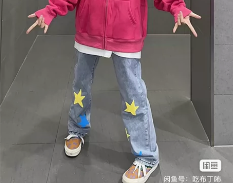 可换 欧美式国潮原创街头星星印花牛仔裤男女...