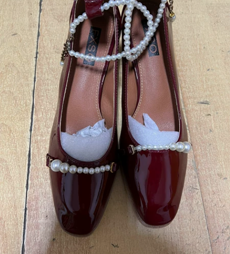 单鞋女粗跟方头漆皮珍珠方头浅口高跟鞋 仅试...