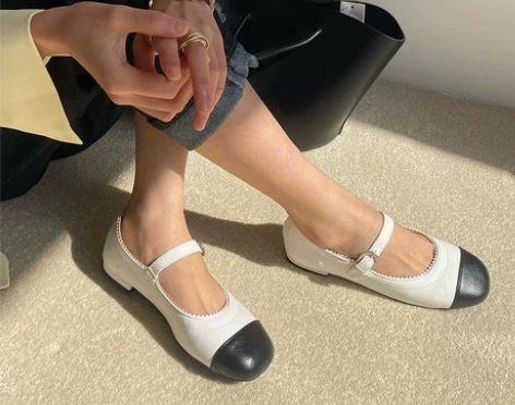小香风新款拼色平底单鞋女一字扣带玛丽珍鞋法...