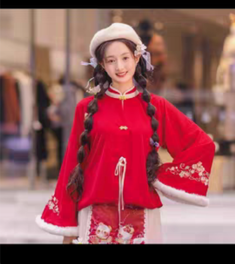 转卖玉术玉术汉服花开兔原创汉元素加厚方领半...