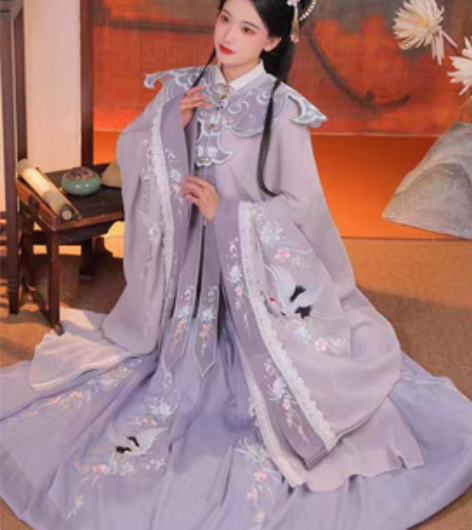 包邮清梳原创云鹤辞明制汉服女对襟长衫刺绣云...