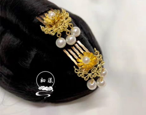 转卖初漾-金明灭 唐风发梳花钿汉服簪子金色...