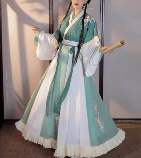 柒邑原创阑珊汉服女晋制交领半袖齐腰襦裙绣花...