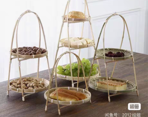 包邮手工竹编制品水果茶点小吃筐多层零食盘干...