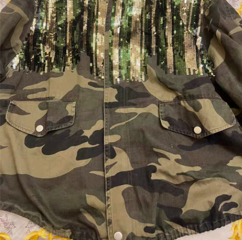 包邮9.9成新迷彩服人军绿色亮片外套，时尚...