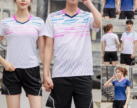 转卖速干短袖羽毛球服套装男女运动T恤V领情...