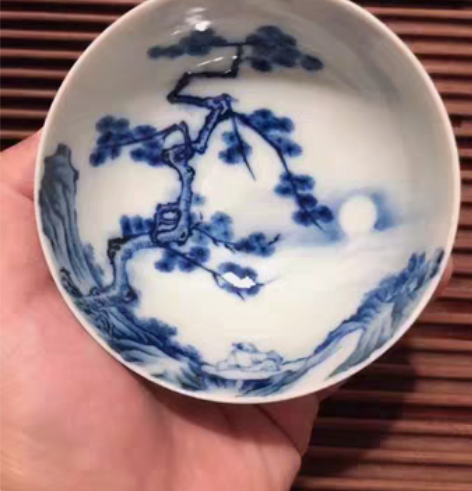 包邮余寅窑青花杯余寅书画望月怀远山水主人杯...
