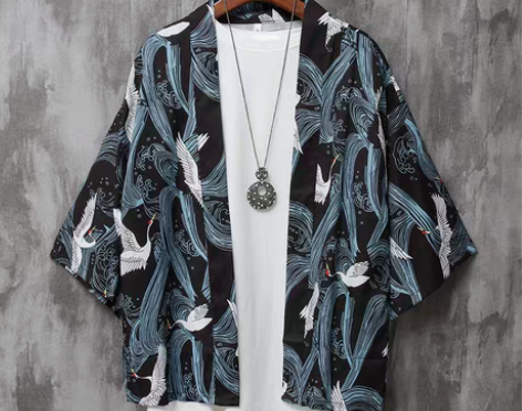 转卖日系复古仙鹤道袍男浮世绘宽松七分袖衬衫...