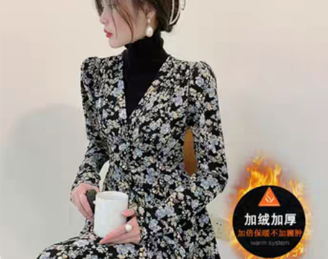 转卖法式v领加绒碎花连衣裙女秋冬内搭202...