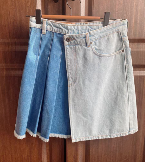 包邮MCQ拼色牛仔半身裙百褶裙学生裙 IT...