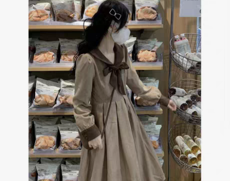 包邮新款法式复古收腰娃娃领长袖长款连衣裙女...