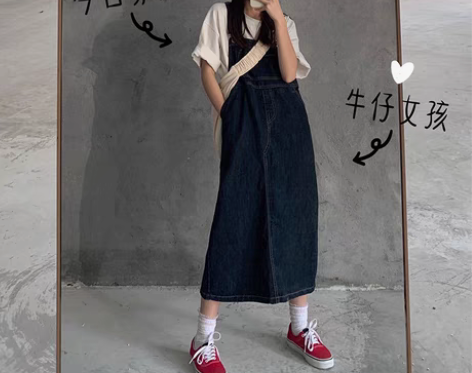 转卖蔓柔2022薄款复古牛仔背带裙女春秋宽...