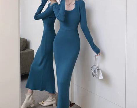 转卖气质修身针织连衣裙女秋冬款法式名媛性感...