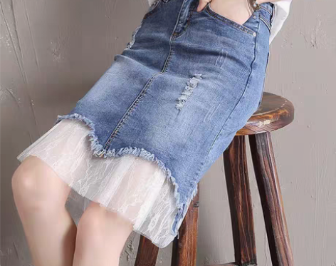 转卖牛仔半身裙女夏韩版高腰a字裙拼接网纱鱼...