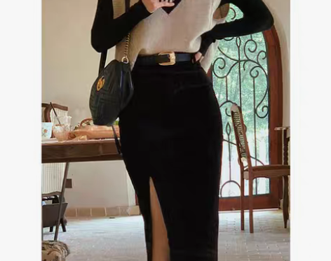 转卖酒港风复古灯芯绒开叉半身裙女早秋款中长...