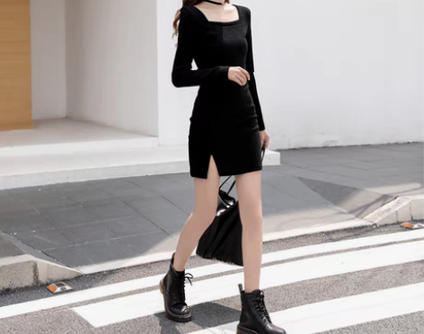 转卖黑色显瘦方领连衣裙女夏季新款通勤气质小...